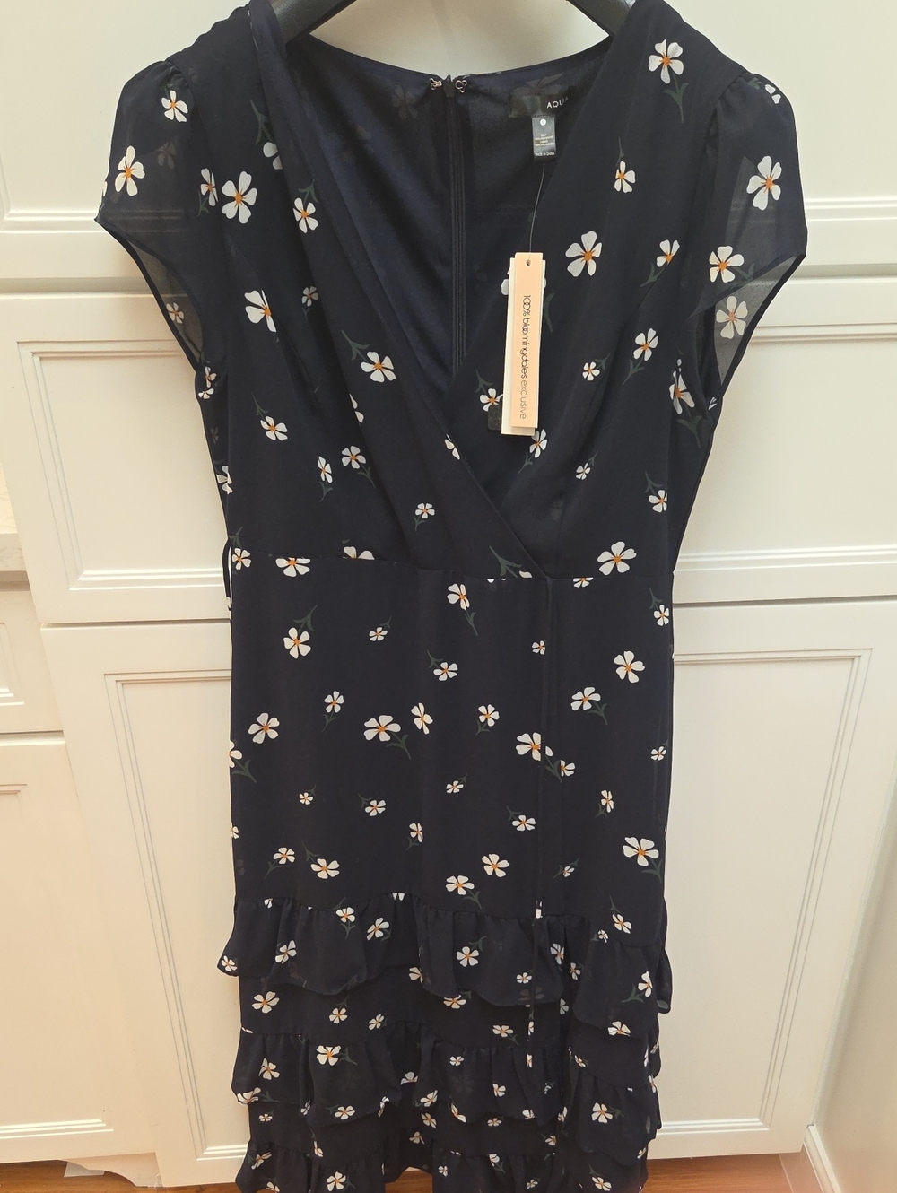 Aqua Women's Navy Floral Wrap Midi Dress with White Daisy Print NWT (L)
